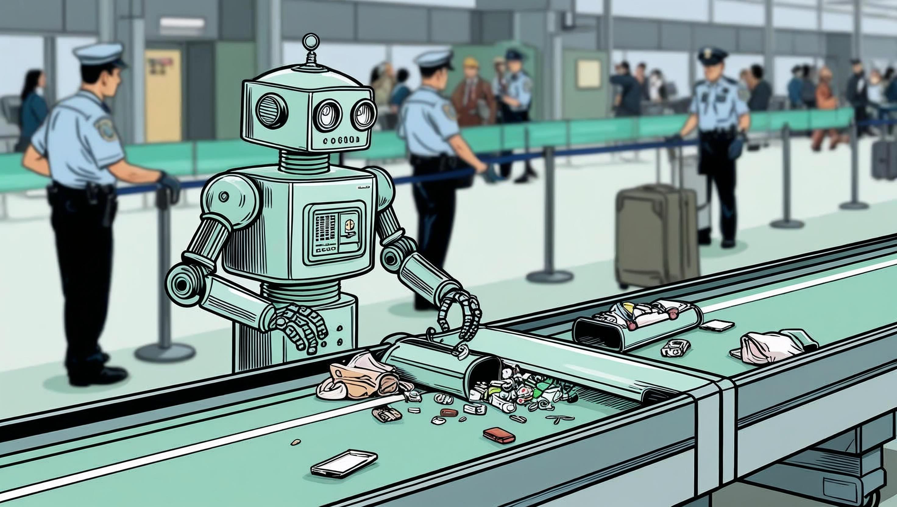 A robot emptying its possessions onto an airport conveyer belt