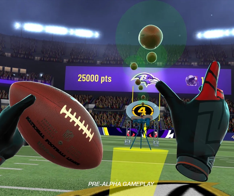 A screenshot of NFL PRO ERA with virtual gloves holding a virtual American football