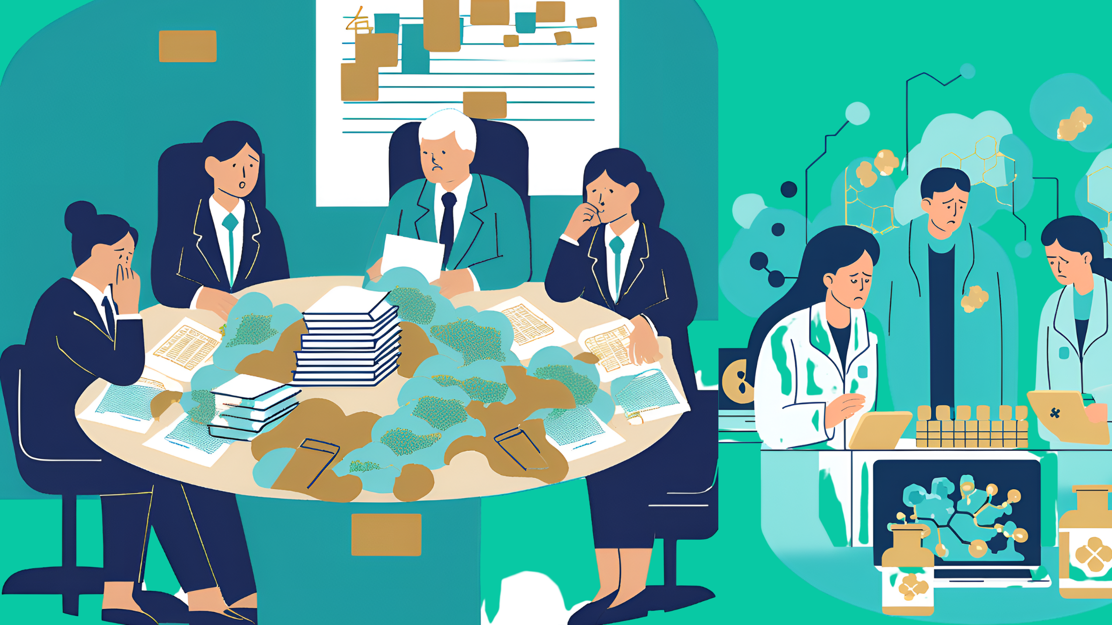 Graphic of worried business people and scientists