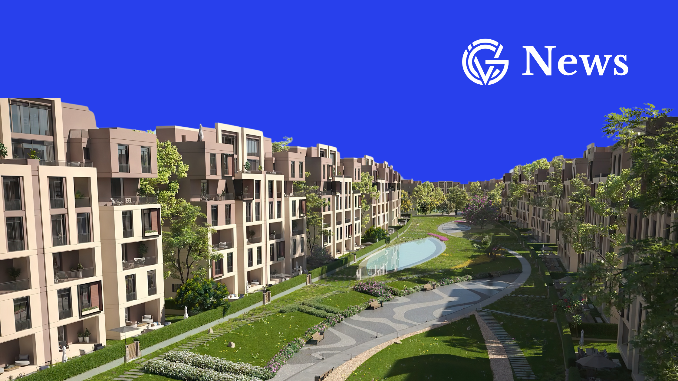 Modern apartment complex with green spaces on blue background