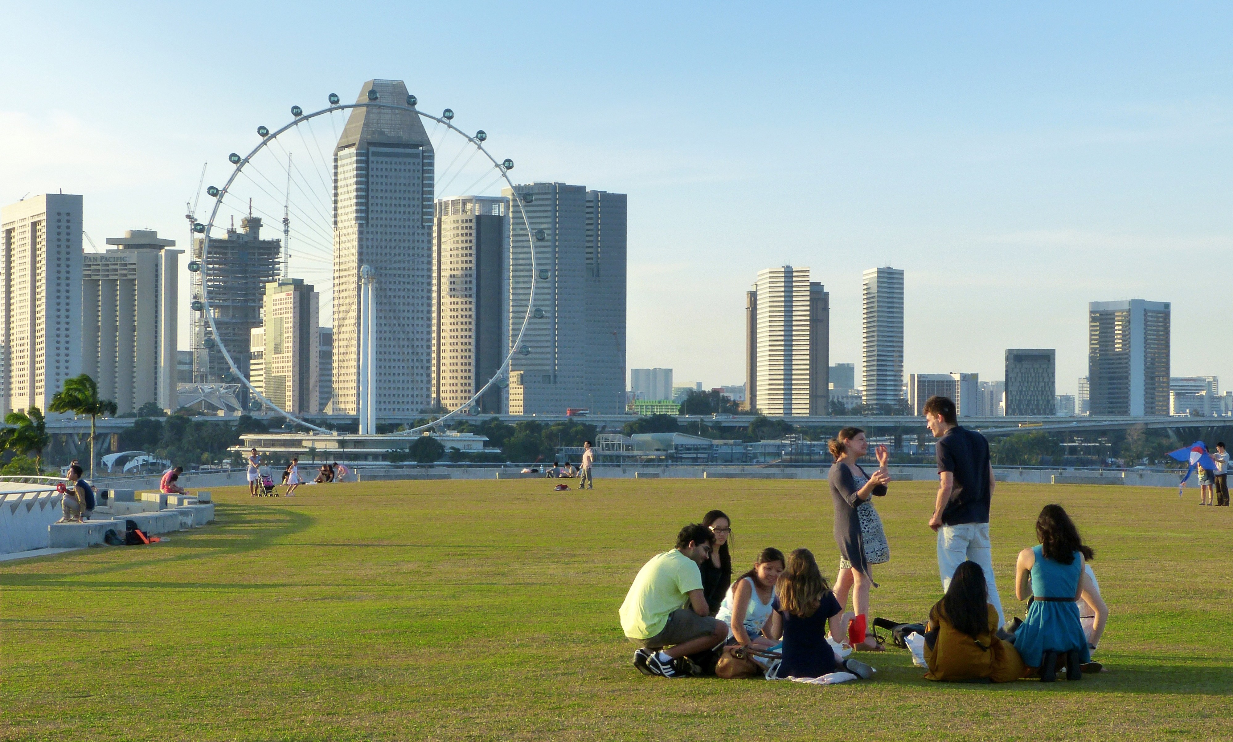 A group of friends on the grass with Singapore's skyline behind them. Credit: cegoh via Pixabay