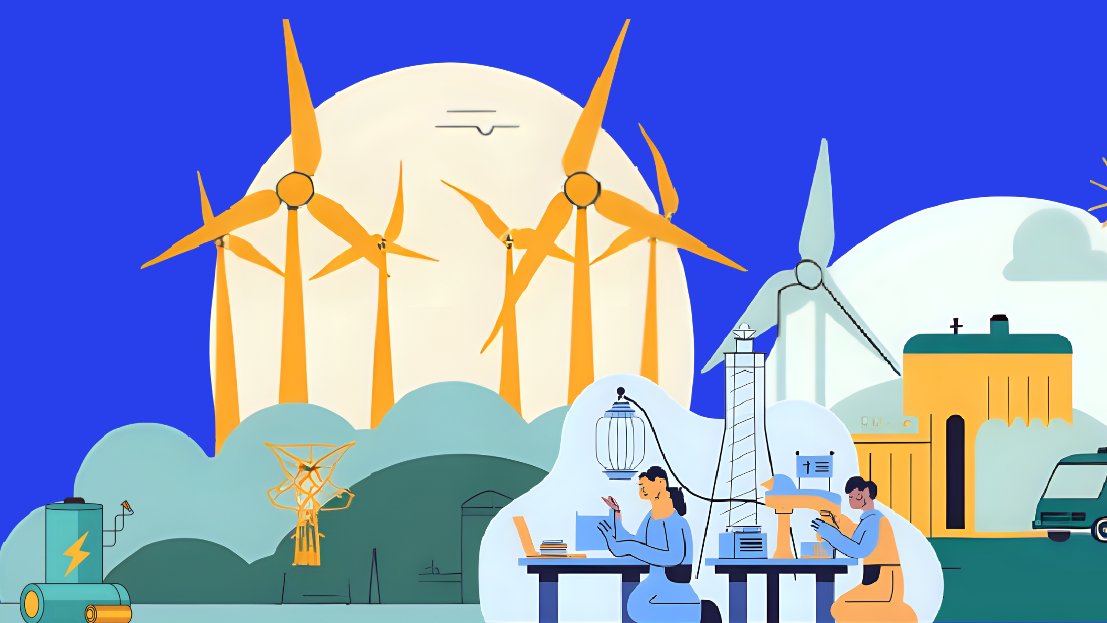 graphic of an energy generation centre, wind turbines and people working in a laboratory