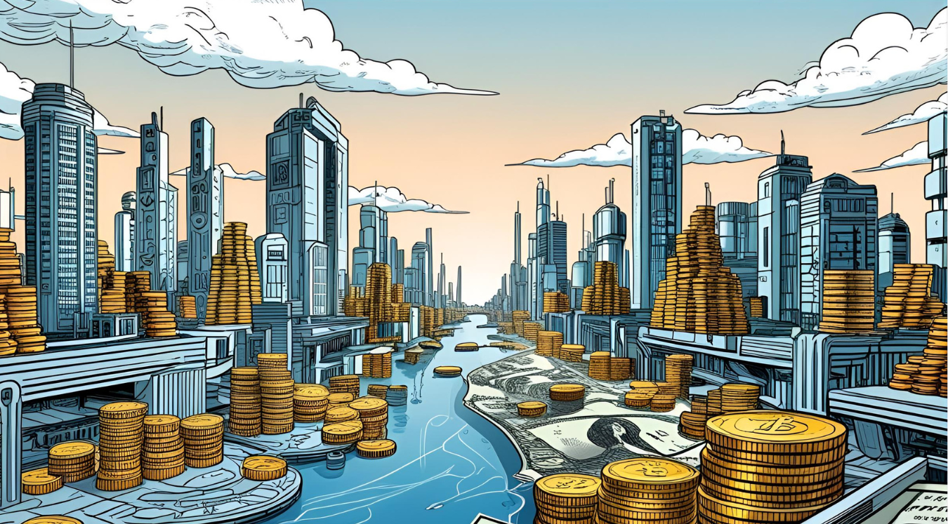 A futuristic city where some of the buildings are made of coins