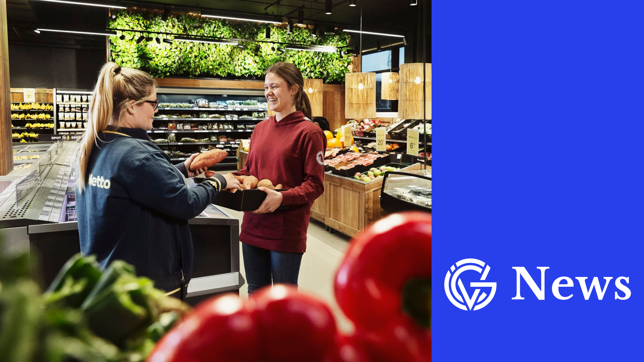 A Salling member of staff helping a supermarket customer, in the GCV news template