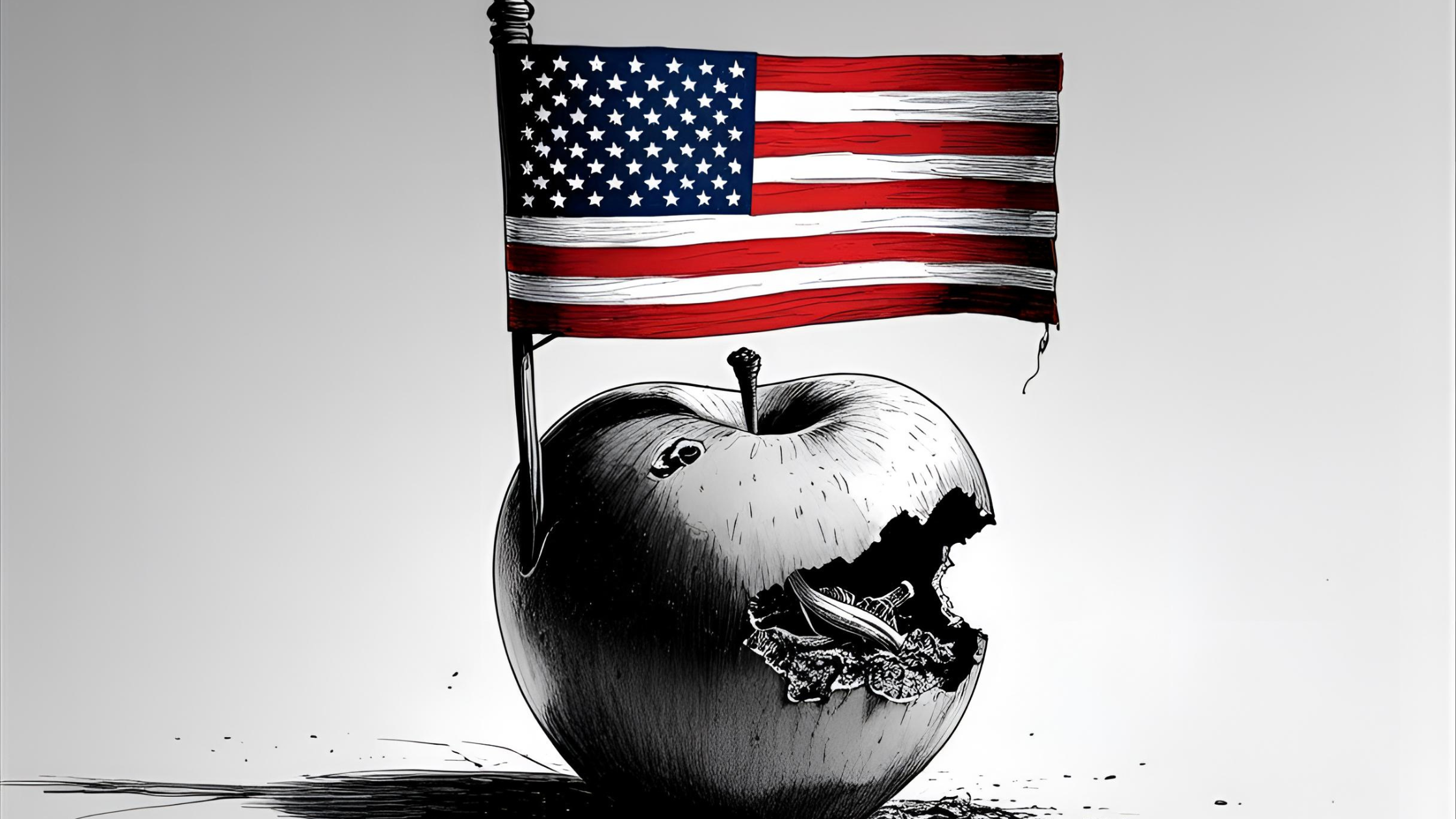 US loses green credentials - US flag in a worm-eaten apple