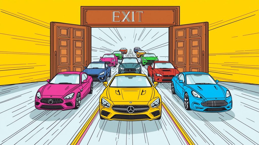 Multicoloured cars racing each other out of a large door marked EXIT