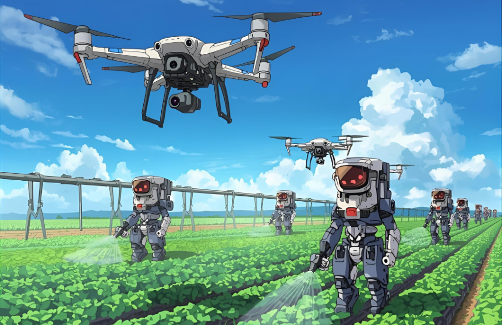 An anime-style drawing of drones and robots irrigating a field