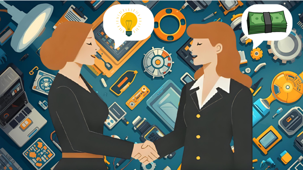 A drawing of two women shaking hands. Each has a speech bubble, one with a light bulb in and one with bank notes