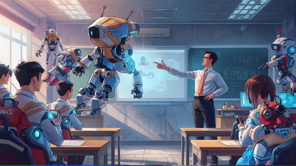 A cartoon depiction of a Chinese professor teaching a class where students see flying robots