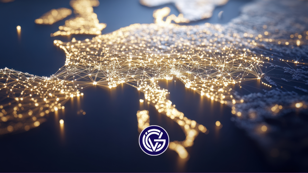 A map of Europe with lights on and the GCV logo at the bottom