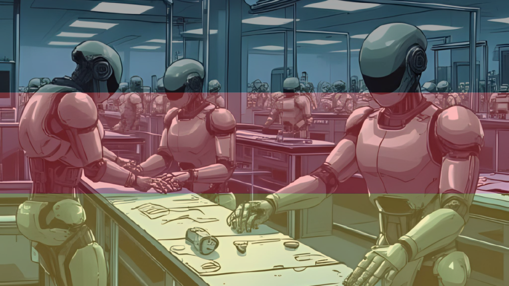 Robots assembling parts in a factory with a German flag filter overlaid