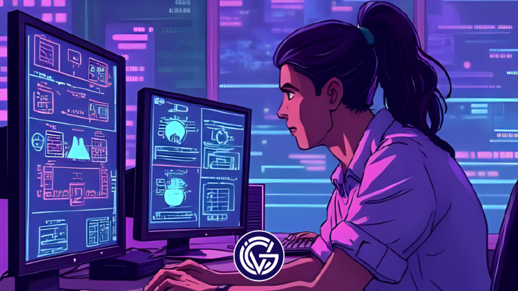 A cartoon-style image of a woman working in a computer lab