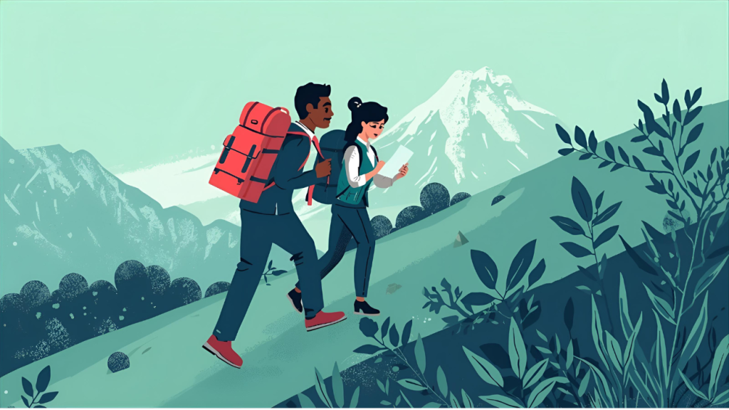 A cartoon of a man and woman in business attire hiking up a mountain, looking at a map