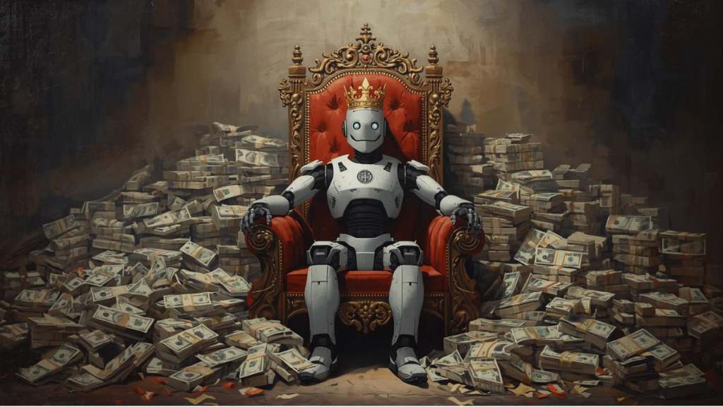 A smiling robot with a crown sits on a throne surrounded by piles of money