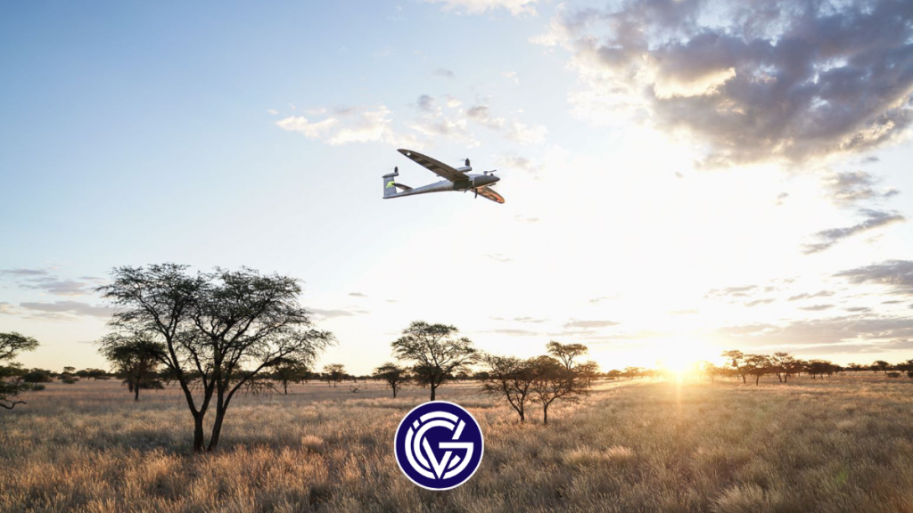 A Quantum Systems drone in flight over the savannah, with the GCV logo on top