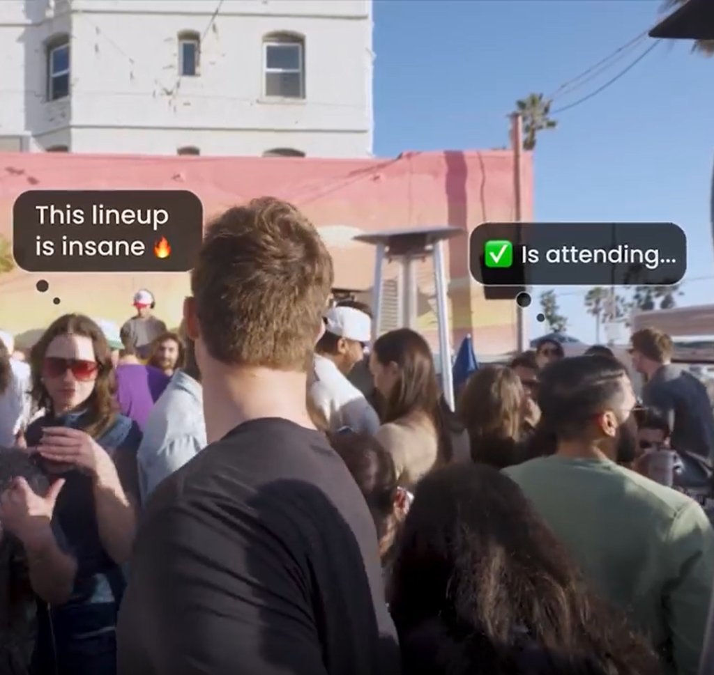 People at an event, framed by bubbles representing dialogue on the Plots app