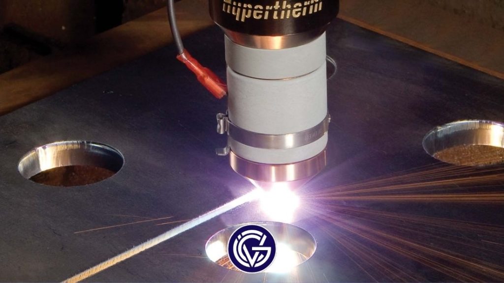 A Hypertherm cutting tool in action with the GCV logo overlaid