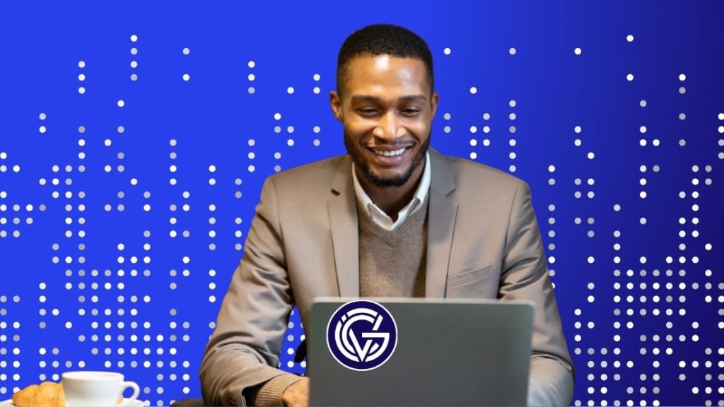 A man in front of a laptop in a GCV News template