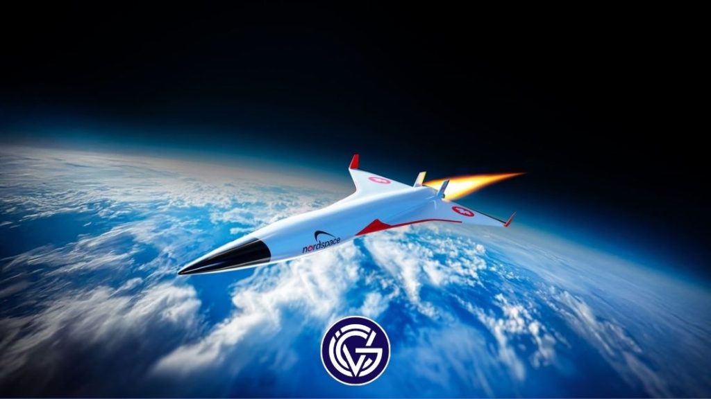 An image of a NordSpace shuttle in space, above the earth, with the GCV logo up front