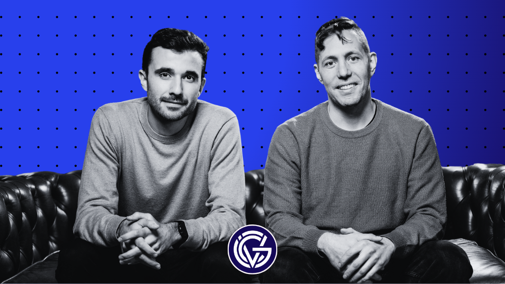 A black and white image of the founders of Galtea sitting on a leather sofa, against a blue and black GCV news template