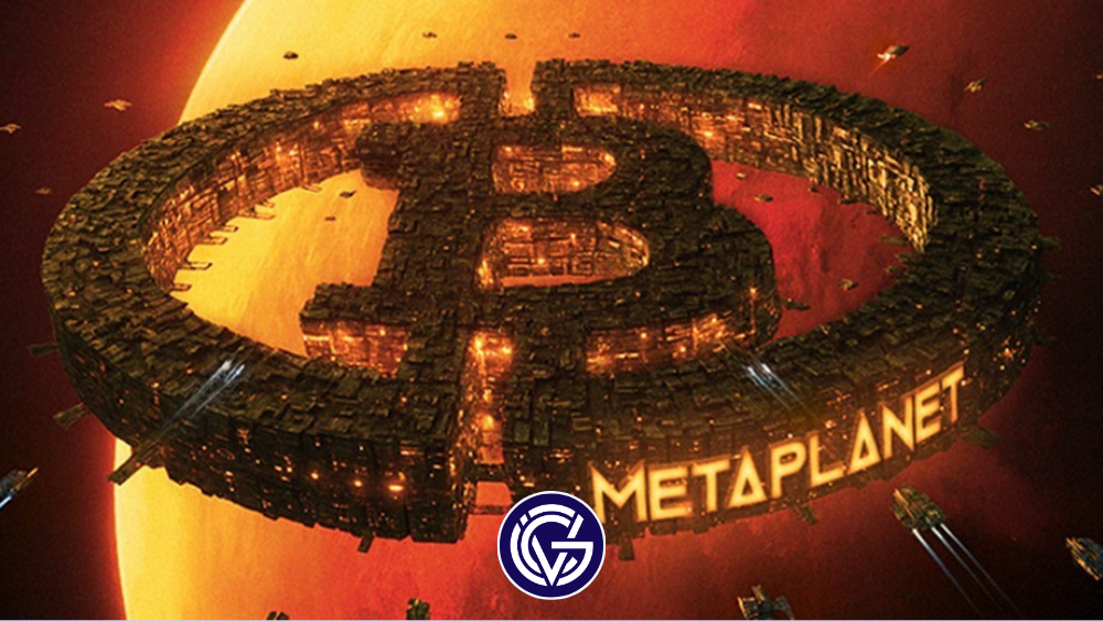 A Bitcoin-shaped spaceship with the Metaplanet logo on it, and the GCV logo interspersed on top