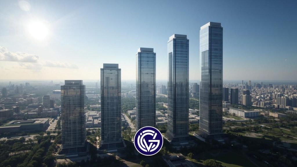 Five skyscrapers in a city skyline, each taller than the one before.