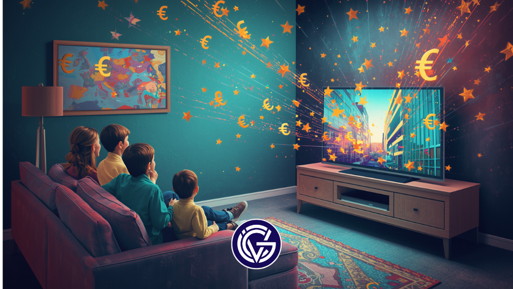 A family sits on a sofa watching a TV shooting euro currency signs and stars from its screen