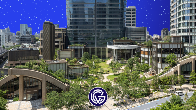 Mori Building's Azabudai Hills complex in front of a blue GCV background