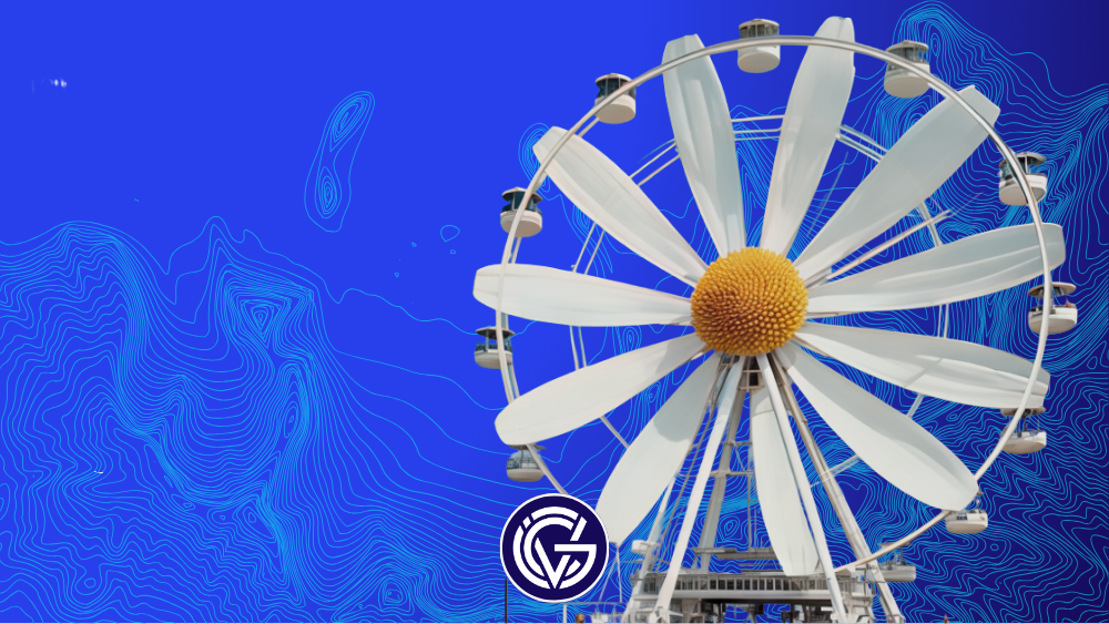 A ferris wheel made of a flower against the GCV News background