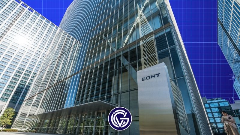 Sony headquarters against a blue net background